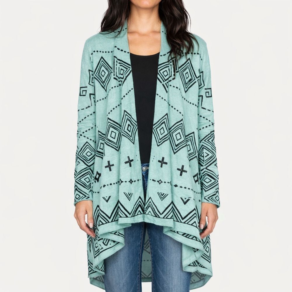 Johnny Was Biya Genoa Boho Turquoise Embroidered Knit Wrap Cardigan Size Medium